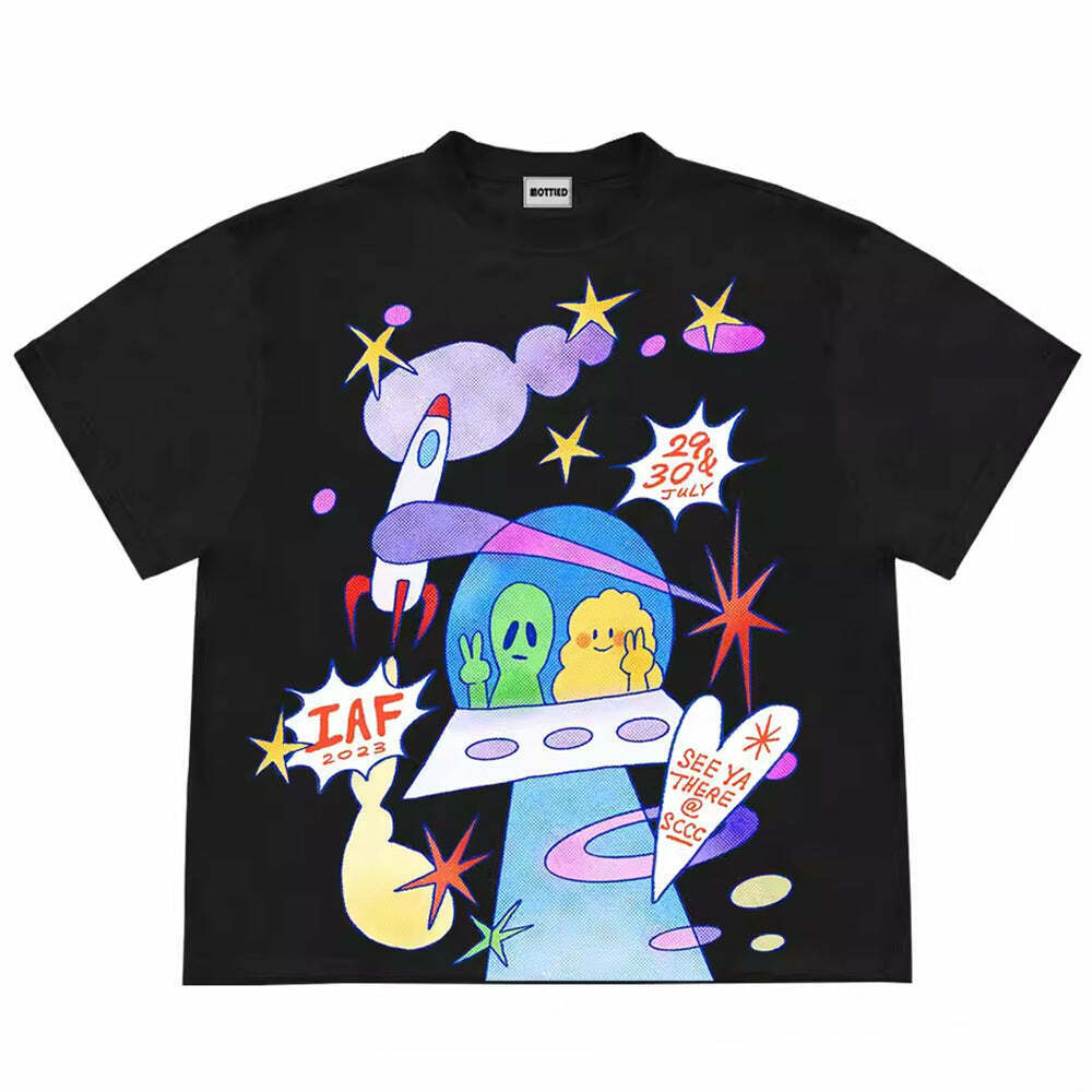 Trendy Alien Aesthetic Graphic T-Shirt in Soft Cotton-Spandex Blend for Y2K Punk Style