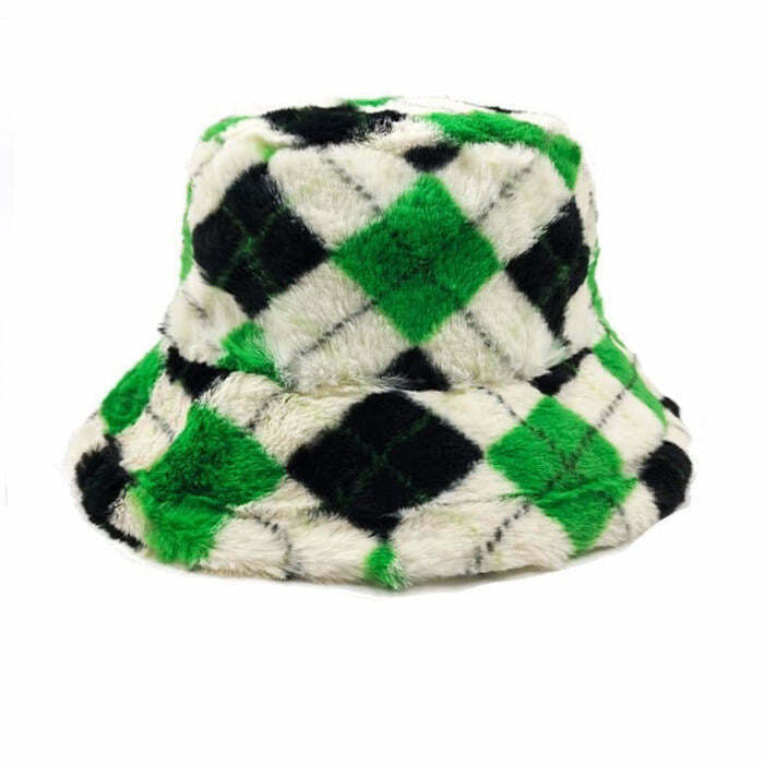 Trendy Argyle Check Fluffy Bucket Hat - Y2K Fashion Must-Have for Disco Cowgirl Style