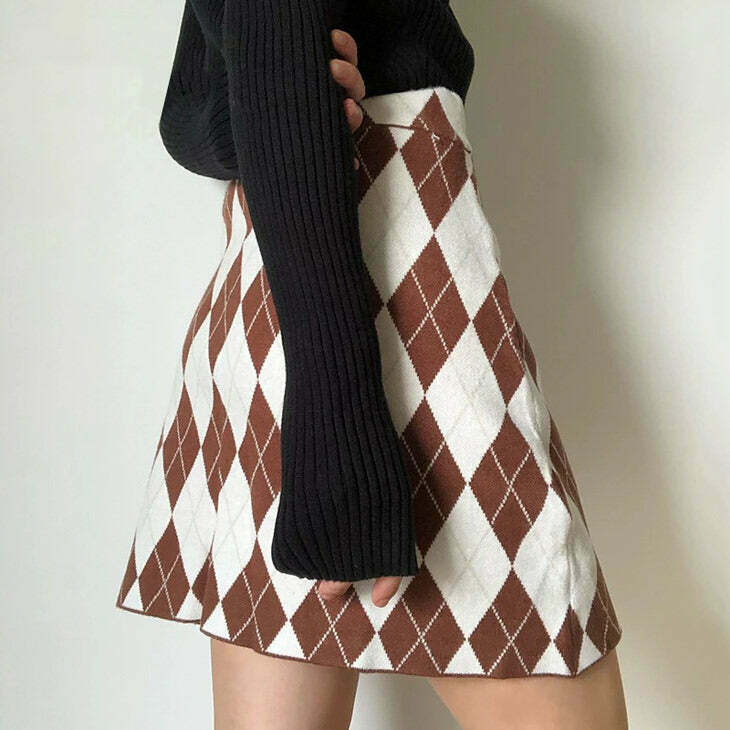 Trendy Argyle Print Mini Skirt with Drawstring Detail - Y2K Fashion Essential