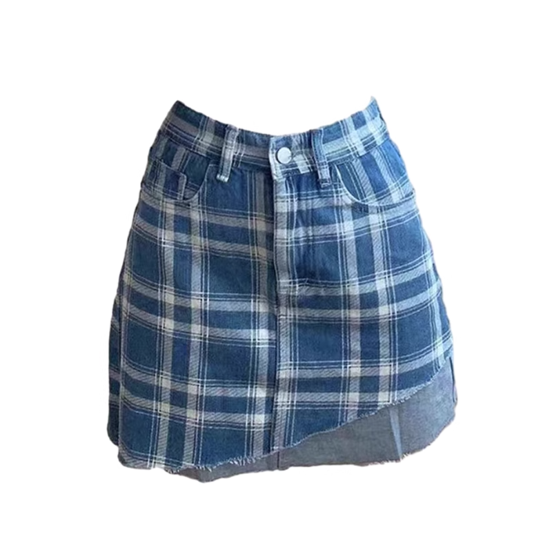 Trendy Asymmetrical Blue Plaid Skirt with Drawstring - Y2K Fashion Statement Piece