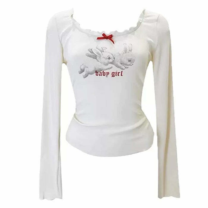 Trendy Baby Girl Bunny Long Sleeve Tee - Y2K Inspired Downtown Girl Aesthetic Top