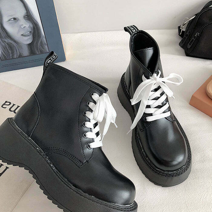 Trendy Black and White Platform Lace Up Ankle Boots with Split Toe for Y2K Style