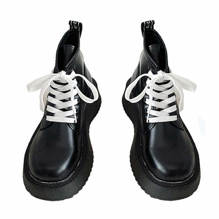 Trendy Black and White Platform Lace Up Ankle Boots with Split Toe for Y2K Style