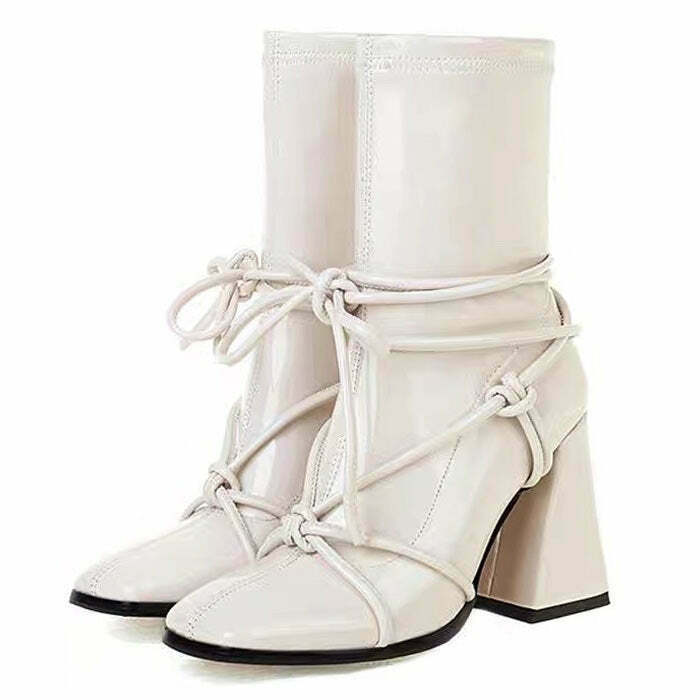 Trendy Black and White Square Heel Lace-Up Ankle Boots with Tabi Split Toe Design