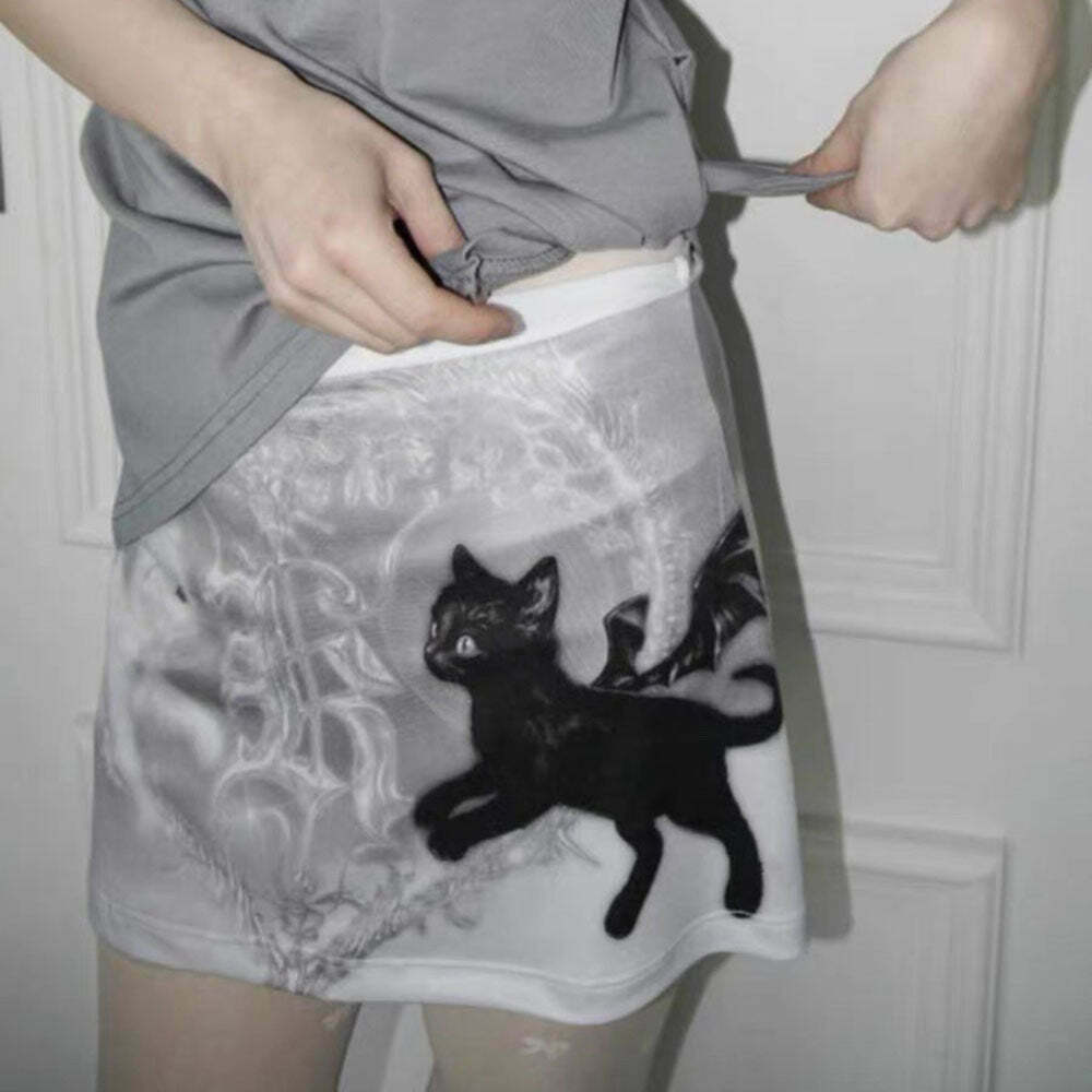 Trendy Black Cat Mini Skirt with Drawstring - Y2K Fashion Must-Have for Stylish Outfits