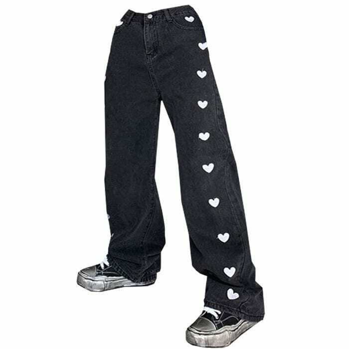 Trendy Black Hearts Jeans for Y2K Style Lovers - Stylish Ripped & Baggy Fit Options