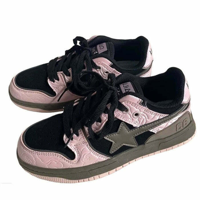 Trendy Black & Pink Star Sneakers for a Chic Y2K Aesthetic - Stylish Heart Design