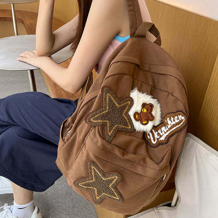 Trendy Brown Bear Star Backpack for Y2K Fashion Lovers - Stylish & Functional Design