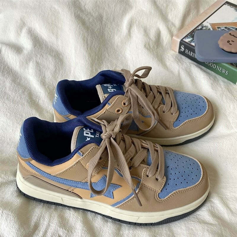 Trendy Brown & Blue Shooting Star Sneakers for a Stylish Y2K Aesthetic Look