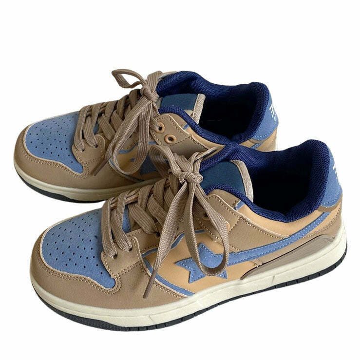 Trendy Brown & Blue Shooting Star Sneakers for a Stylish Y2K Aesthetic Look