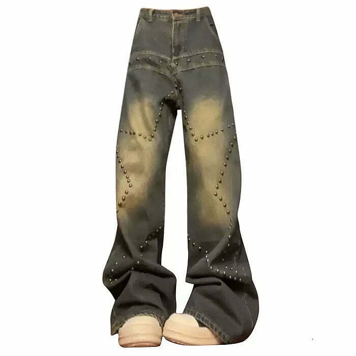 Trendy Brown Star Rivet Jeans for a Stylish Y2K Look - Ripped & Baggy Design