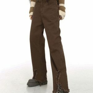 Trendy Brown Straight Leg Distressed Jeans with Star Patch - Y2K Style for Fashion Lovers