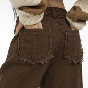 Trendy Brown Straight Leg Distressed Jeans with Star Patch - Y2K Style for Fashion Lovers