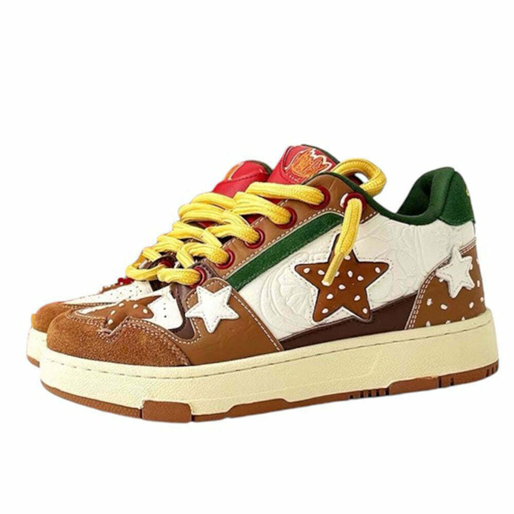 Trendy Burger & Star Sneakers in Blue and Pink - Heart-Embellished Y2K Style Footwear