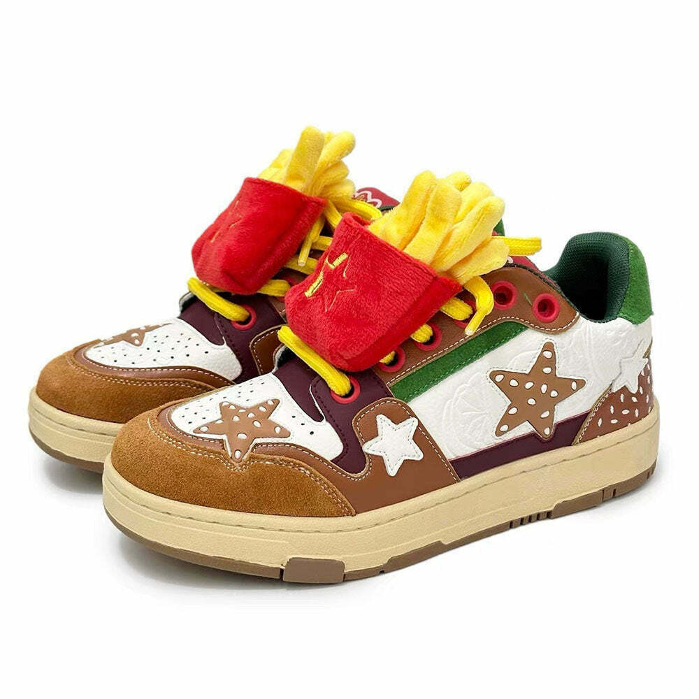 Trendy Burger & Star Sneakers in Blue and Pink - Heart-Embellished Y2K Style Footwear