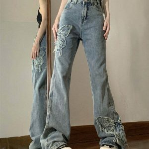 Trendy Butterfly Aesthetic Y2K Flare Jeans - Stylish Low Rise Baggy Design with Rips