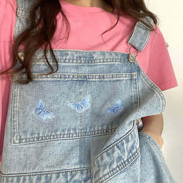 Trendy Butterfly Denim Dungaree Shorts with Rhinestone Fringe - Y2K Patchwork Style