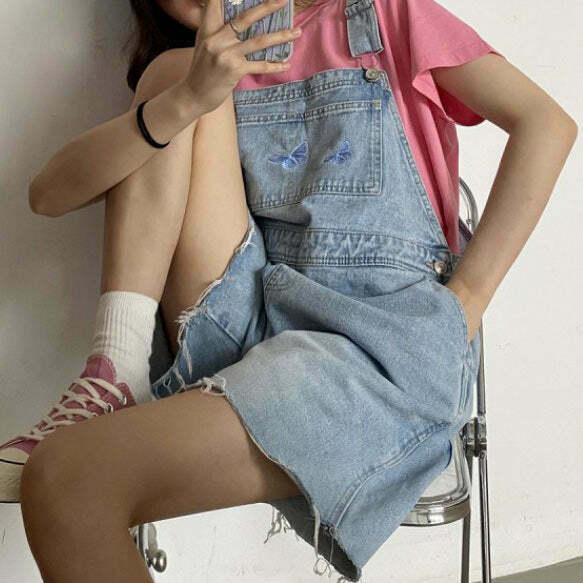 Trendy Butterfly Denim Dungaree Shorts with Rhinestone Fringe - Y2K Patchwork Style