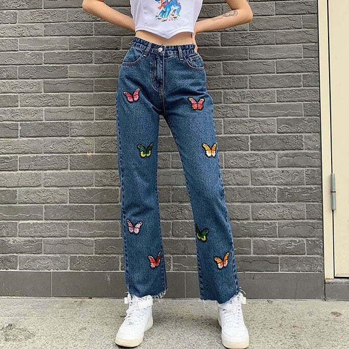 Trendy Butterfly Embroidery Jeans - Y2K Aesthetic Low Rise Baggy Style with Ripped Details