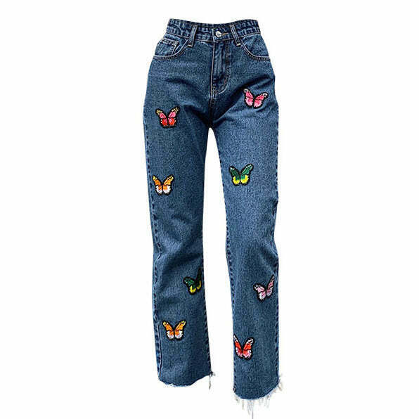 Trendy Butterfly Embroidery Jeans - Y2K Aesthetic Low Rise Baggy Style with Ripped Details