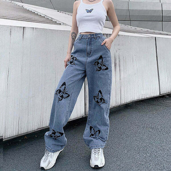 Trendy Butterfly Print Baggy Jeans for a Chic Y2K Aesthetic - Stacked Ripped Style