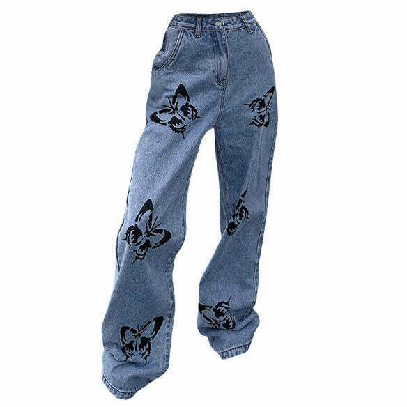 Trendy Butterfly Print Baggy Jeans for a Chic Y2K Aesthetic - Stacked Ripped Style