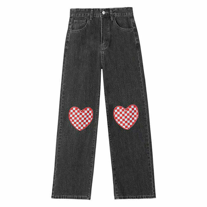 Trendy Checker Heart Wide Jeans for a Stylish Y2K Look - Stacked Ripped Baggy Fit