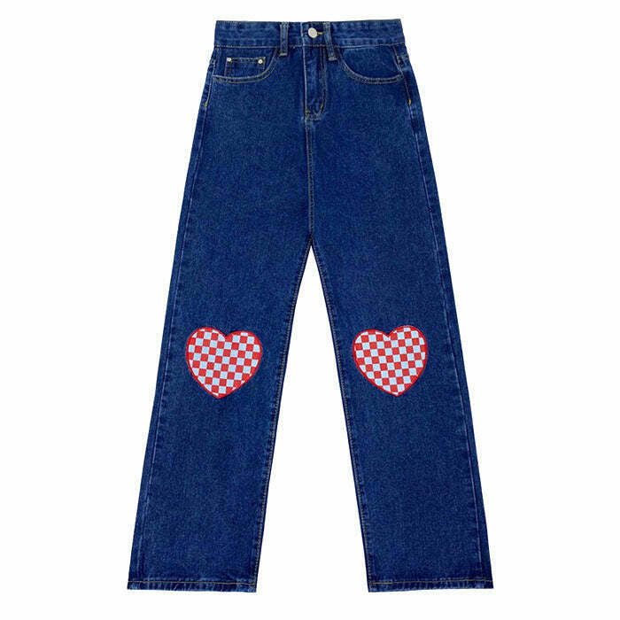 Trendy Checker Heart Wide Jeans for a Stylish Y2K Look - Stacked Ripped Baggy Fit