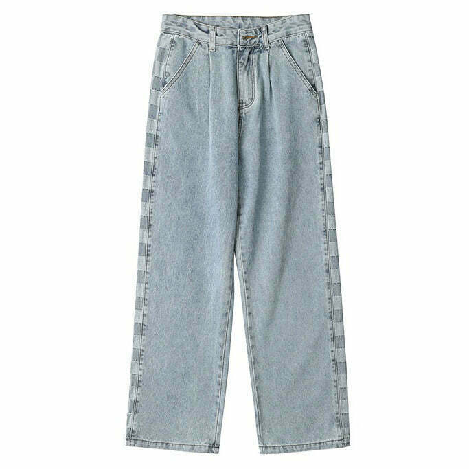 Trendy Checker Print Wide-Leg Jeans for a Stylish Y2K Look - Vintage-Inspired Fashion