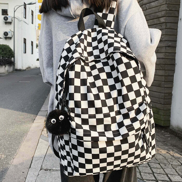 Trendy Checkered Canvas Backpack with Little Bear Design - Y2K Aesthetic Style