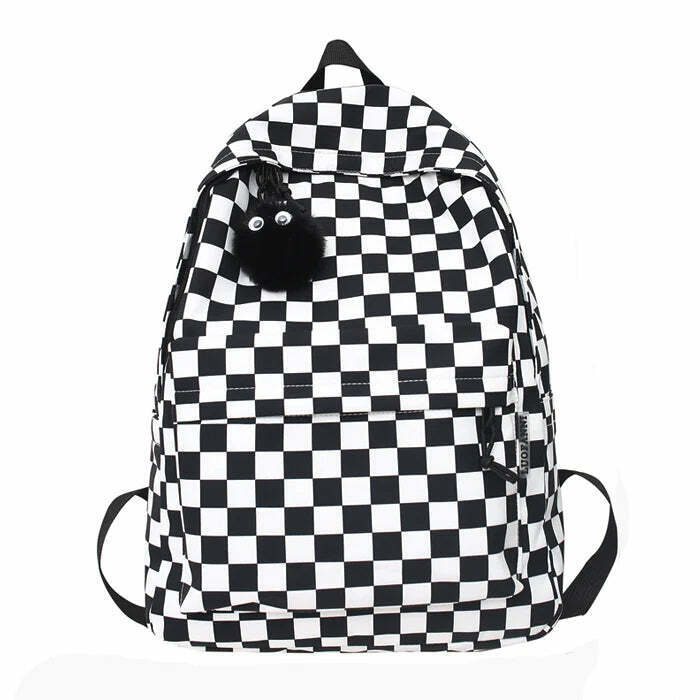 Trendy Checkered Canvas Backpack with Little Bear Design - Y2K Aesthetic Style