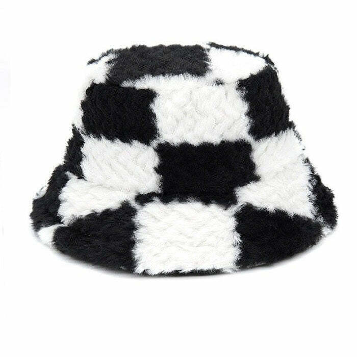 Trendy Checkered Fuzzy Bucket Hat for Y2K Fashion Lovers - Stylish & Cozy Accessory