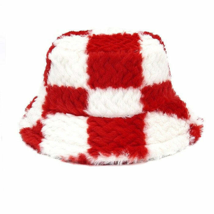 Trendy Checkered Fuzzy Bucket Hat for Y2K Fashion Lovers - Stylish & Cozy Accessory