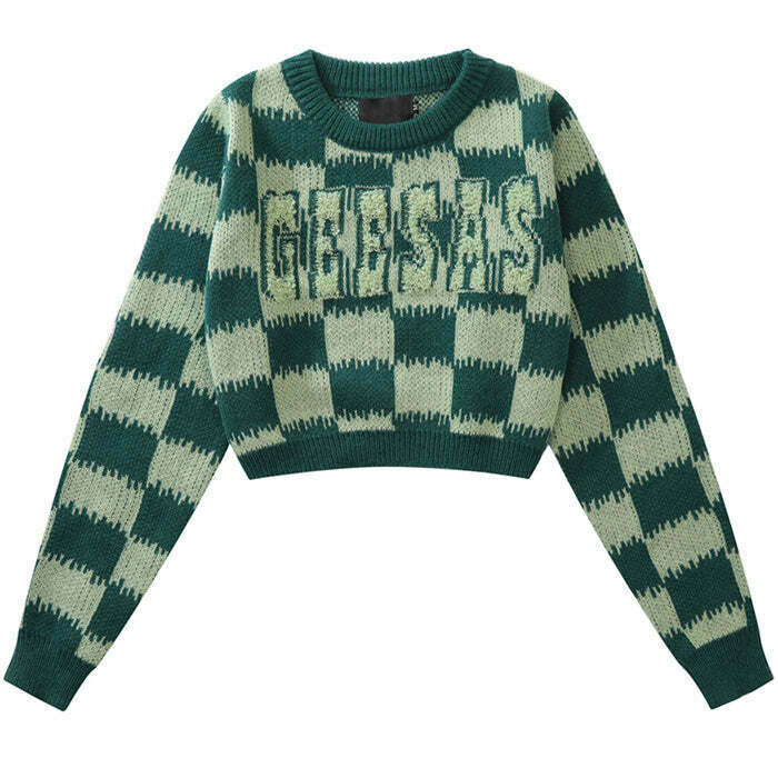 Trendy Checkered Fuzzy Crop Sweater - Y2K Aesthetic with Cozy Style and Unique Design