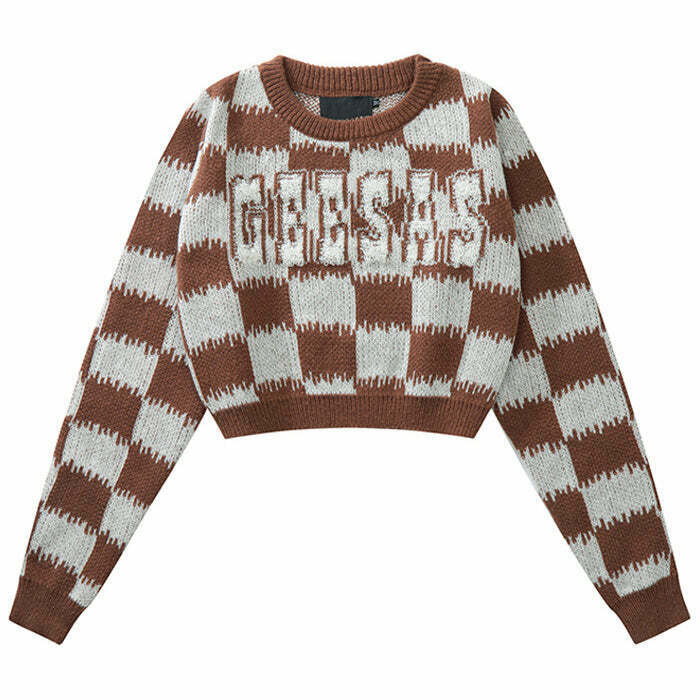 Trendy Checkered Fuzzy Crop Sweater - Y2K Aesthetic with Cozy Style and Unique Design