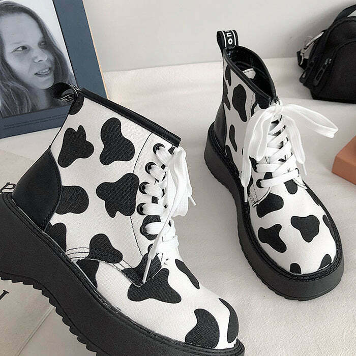 Trendy Cow Print Boots for Modern Cowgirls - Stylish Split Toe Design & Comfort Fit