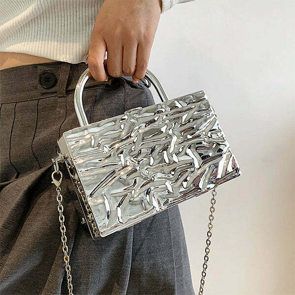 Trendy Crumpled Metal Chain Bag - Stylish Y2K Aesthetic for Fashion-Forward Looks