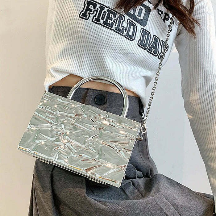 Trendy Crumpled Metal Chain Bag - Stylish Y2K Aesthetic for Fashion-Forward Looks