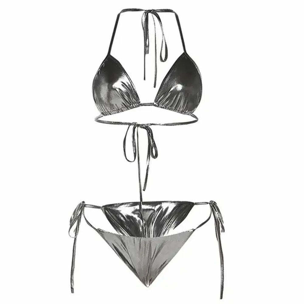 Trendy Cyber Celebrity Metallic Bikini Set - Y2K Fashion Must-Have for Stylish Beach Days