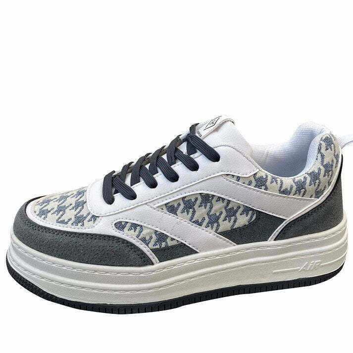 Trendy Dogtooth Check Aesthetic Sneakers in Blue and Pink with Heart Design Accents