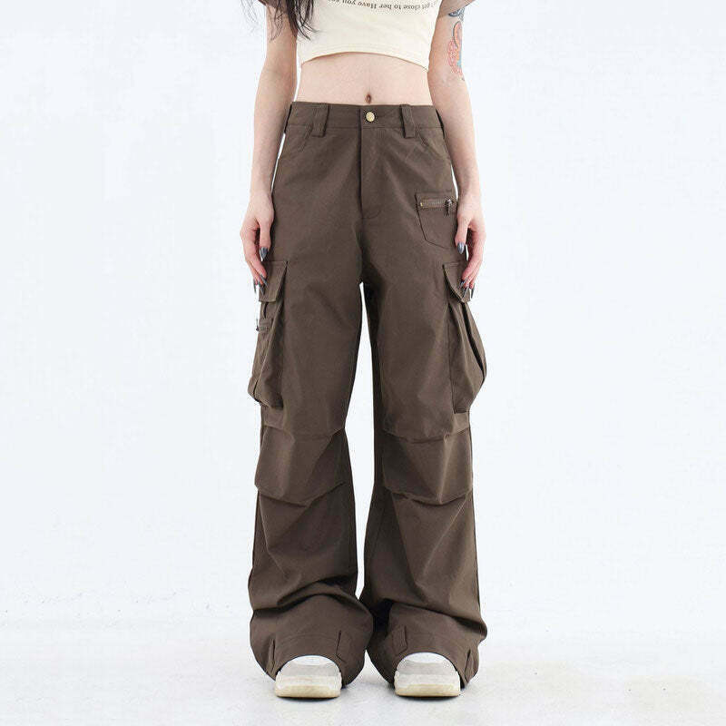 Trendy Downtown Girl Brown Cargo Pants with Rivets - Y2K Style for Effortless Chic