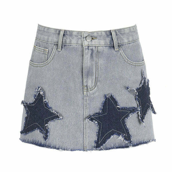 Trendy Downtown Girl Star Denim Skirt - Y2K Style Drawstring Grey Cargo Skirt