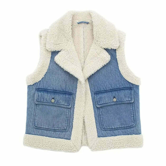 Trendy Faux Sherpa Lined Denim Vest - Stylish Gothic Layering Piece for Y2K Fashion