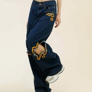 Trendy Feel The Burn Cut-Out Jeans with Star Patch and Ripped Details for Y2K Style