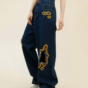 Trendy Feel The Burn Cut-Out Jeans with Star Patch and Ripped Details for Y2K Style