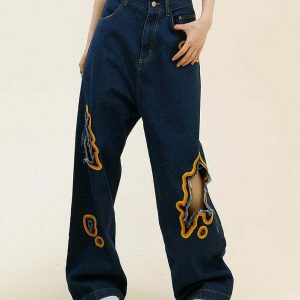 Trendy Feel The Burn Cut-Out Jeans with Star Patch and Ripped Details for Y2K Style