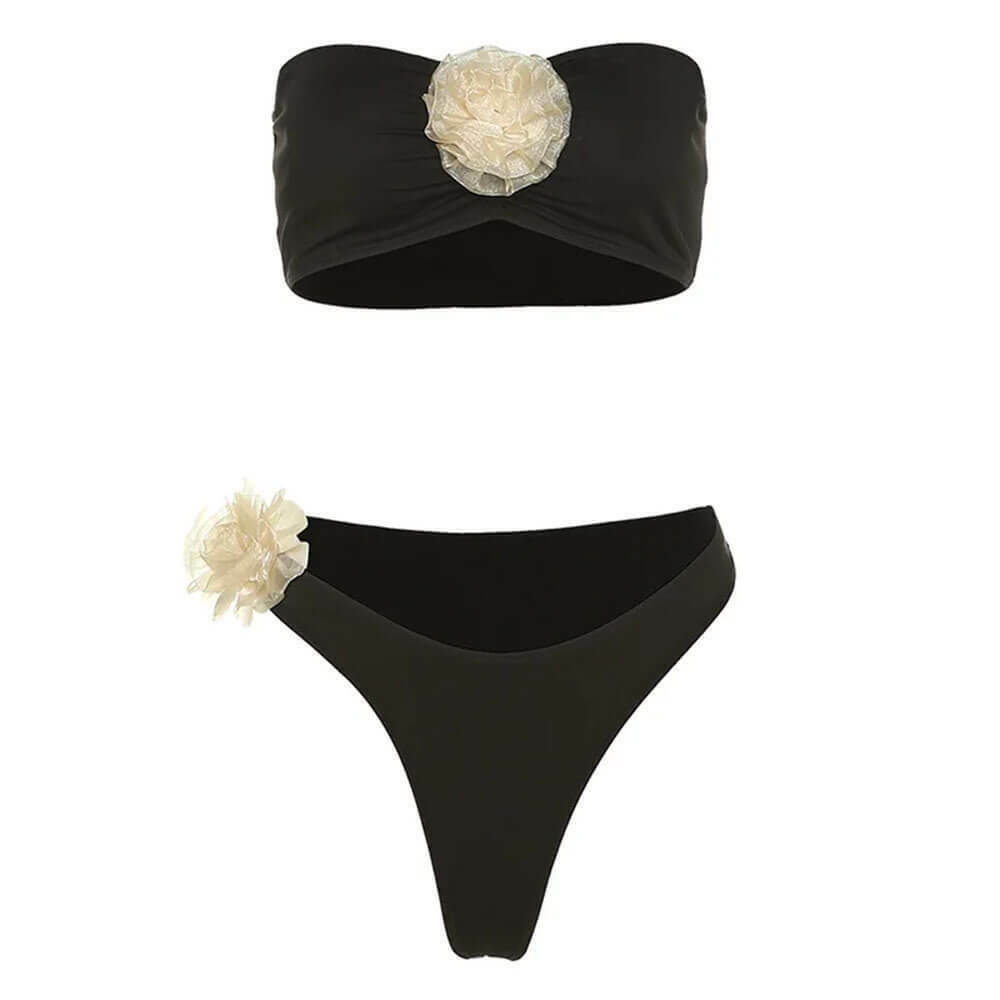 Trendy French Rose Bandeau Bikini Set - Y2K Cartoon Style for Chic Summer Vibes