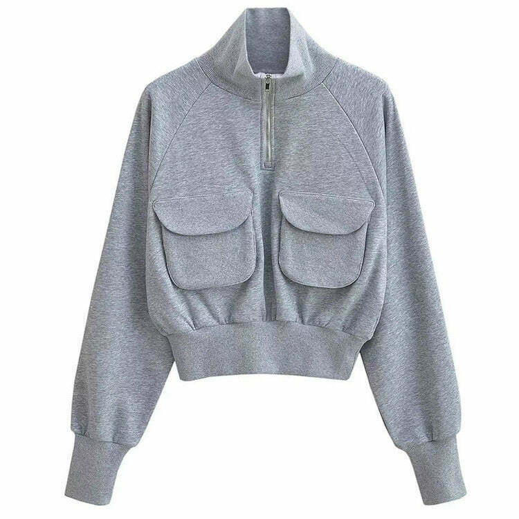 Trendy Grey Zip Up Sweatshirt with Front Pockets - Stylish Cropped Hoodie for Streetwear