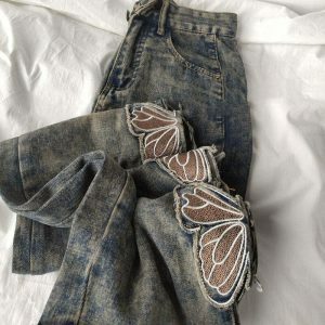 Trendy Grunge Aesthetic Butterfly Cut Out Jeans - Low Rise Baggy Y2K Style with Rips