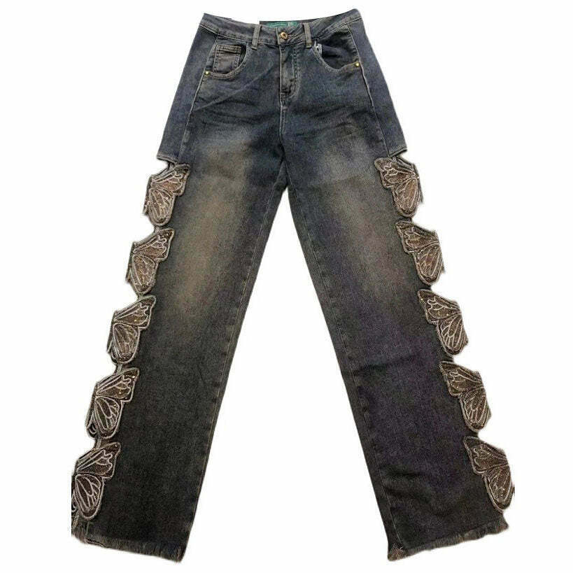 Trendy Grunge Aesthetic Butterfly Cut Out Jeans - Low Rise Baggy Y2K Style with Rips